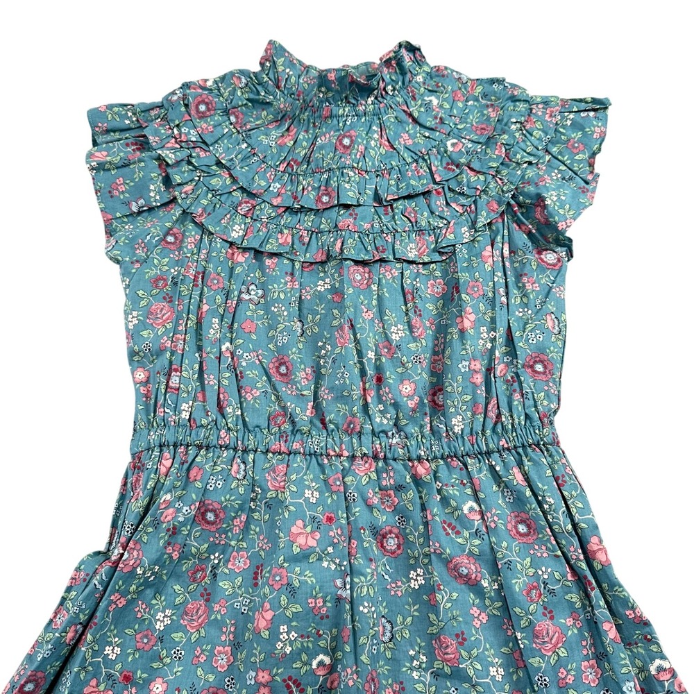 Janie and Jack Girls Size 10 Teal Pink Floral Ruffle Collar Smocked Dress - Picture 2 of 8